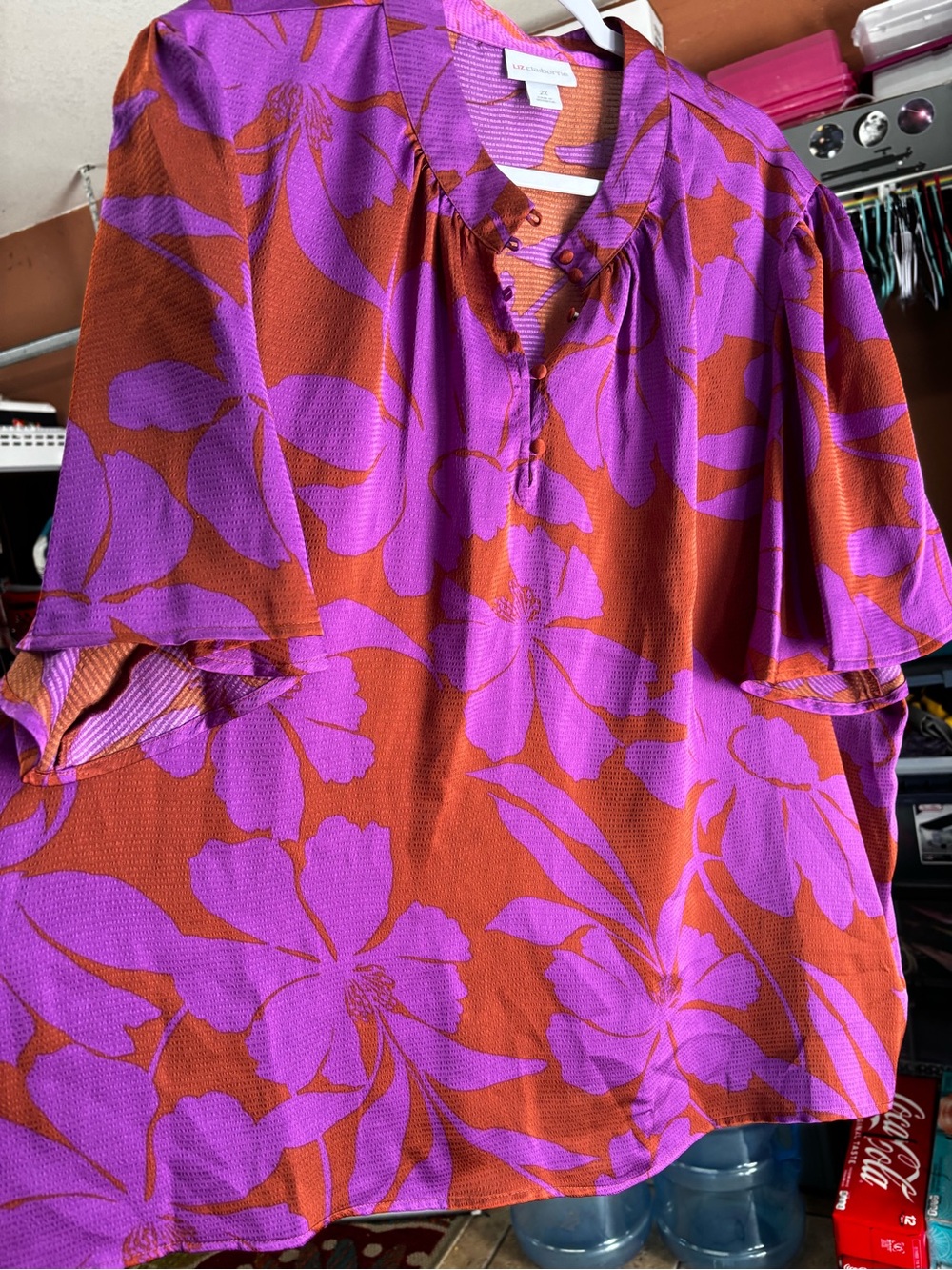Liz Claiborne Purple and Rust Floral Flutter-Sleeve Blouse